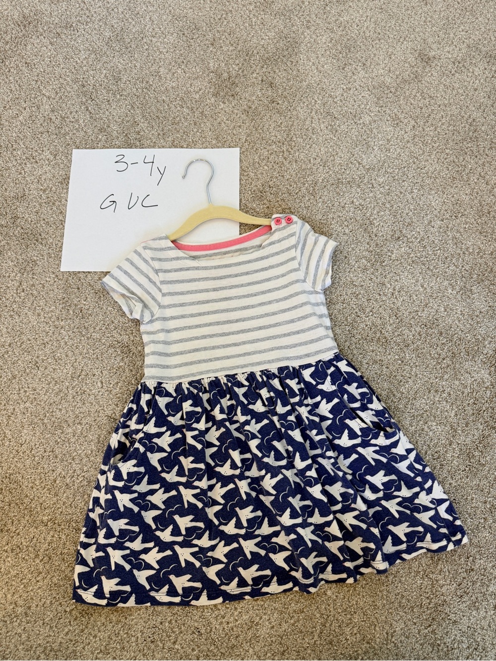 Mini Boden Navy and White Bird Print Knit Dress with Striped Top